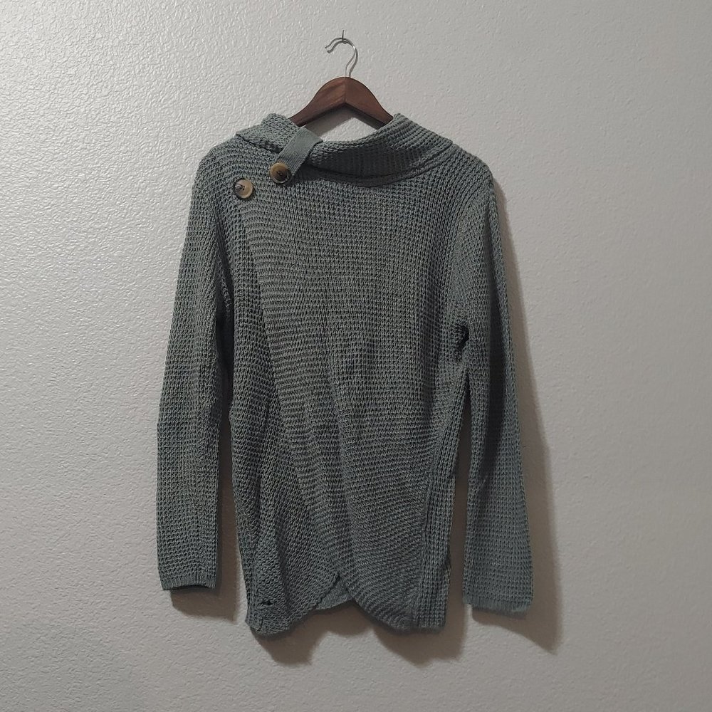 E & M Sage Green Open Front Cowl Neck Sweater / Cardigan